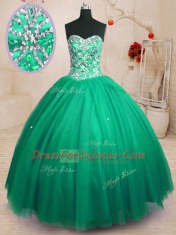 Dark Green Ball Gowns Beading Sweet 16 Dresses Lace Up Tulle Sleeveless Floor Length