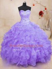 Trendy Lavender Sleeveless Floor Length Beading and Ruffles Lace Up Quince Ball Gowns