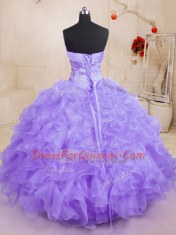 Trendy Lavender Sleeveless Floor Length Beading and Ruffles Lace Up Quince Ball Gowns