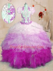 Great Multi-color Lace Up 15 Quinceanera Dress Beading and Appliques and Ruffles Sleeveless With Brush Train