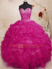 Excellent Sweetheart Sleeveless Lace Up 15th Birthday Dress Fuchsia Organza