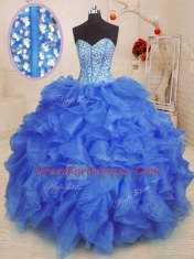 Floor Length Royal Blue Vestidos de Quinceanera Organza Sleeveless Beading and Ruffles