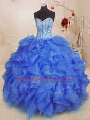 Floor Length Royal Blue Vestidos de Quinceanera Organza Sleeveless Beading and Ruffles