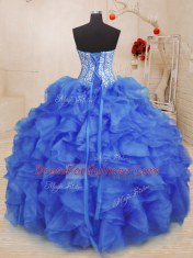 Floor Length Royal Blue Vestidos de Quinceanera Organza Sleeveless Beading and Ruffles