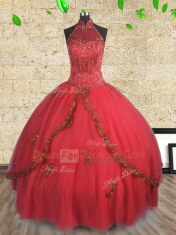 Superior Halter Top Sleeveless Lace Up 15th Birthday Dress Red Tulle