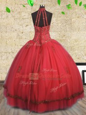 Superior Halter Top Sleeveless Lace Up 15th Birthday Dress Red Tulle