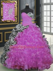 Deluxe Fuchsia Ball Gowns Sweetheart Sleeveless Organza and Printed With Brush Train Lace Up Beading and Ruffles and Pattern 15 Quinceanera Dress