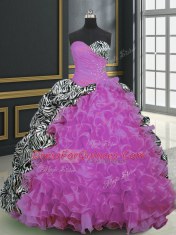 Deluxe Fuchsia Ball Gowns Sweetheart Sleeveless Organza and Printed With Brush Train Lace Up Beading and Ruffles and Pattern 15 Quinceanera Dress