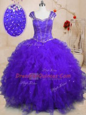 Charming Purple Lace Up Square Beading and Ruffles and Sequins Vestidos de Quinceanera Tulle Cap Sleeves