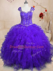 Charming Purple Lace Up Square Beading and Ruffles and Sequins Vestidos de Quinceanera Tulle Cap Sleeves