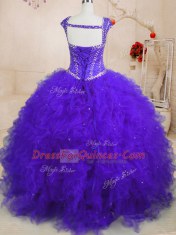 Charming Purple Lace Up Square Beading and Ruffles and Sequins Vestidos de Quinceanera Tulle Cap Sleeves