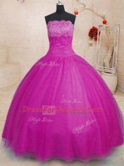 Shining Fuchsia Ball Gowns Tulle Strapless Sleeveless Beading Floor Length Lace Up 15 Quinceanera Dress