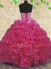 Hot Pink Sleeveless Organza Lace Up 15th Birthday Dress for Military Ball and Sweet 16 and Quinceanera
