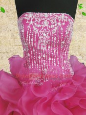 Hot Pink Sleeveless Organza Lace Up 15th Birthday Dress for Military Ball and Sweet 16 and Quinceanera