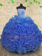 Glittering Royal Blue Ball Gowns Organza Strapless Sleeveless Beading and Ruffles Floor Length Lace Up 15 Quinceanera Dress