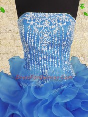 Glittering Royal Blue Ball Gowns Organza Strapless Sleeveless Beading and Ruffles Floor Length Lace Up 15 Quinceanera Dress