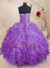 Lavender Lace Up Quinceanera Dresses Beading and Ruffles and Ruching Sleeveless Floor Length
