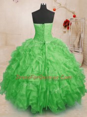 Floor Length Sweet 16 Dress Organza Sleeveless Beading and Ruffles and Ruching