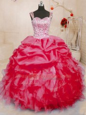 Fancy Sleeveless Floor Length Beading and Ruffles and Pick Ups Lace Up Sweet 16 Dresses with Coral Red