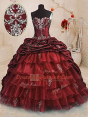 Exquisite Wine Red Ball Gowns Sweetheart Sleeveless Organza and Taffeta With Train Sweep Train Lace Up Beading and Appliques and Ruffled Layers and Pick Ups Quinceanera Dresses