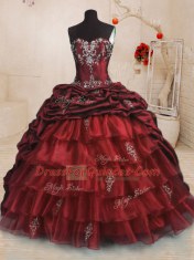 Exquisite Wine Red Ball Gowns Sweetheart Sleeveless Organza and Taffeta With Train Sweep Train Lace Up Beading and Appliques and Ruffled Layers and Pick Ups Quinceanera Dresses