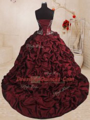 Exquisite Wine Red Ball Gowns Sweetheart Sleeveless Organza and Taffeta With Train Sweep Train Lace Up Beading and Appliques and Ruffled Layers and Pick Ups Quinceanera Dresses