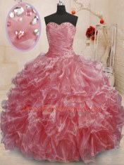 Delicate Watermelon Red Lace Up Vestidos de Quinceanera Beading and Ruffles Sleeveless Floor Length