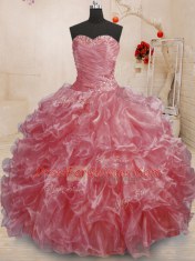 Delicate Watermelon Red Lace Up Vestidos de Quinceanera Beading and Ruffles Sleeveless Floor Length