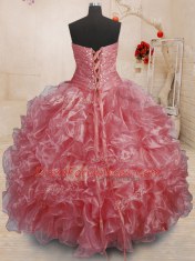 Delicate Watermelon Red Lace Up Vestidos de Quinceanera Beading and Ruffles Sleeveless Floor Length
