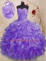 Lavender Organza Lace Up Sweetheart Sleeveless Floor Length Sweet 16 Quinceanera Dress Beading and Ruffles