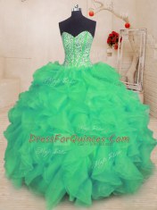 Ideal Turquoise Ball Gowns Organza Sweetheart Sleeveless Beading and Ruffles Floor Length Lace Up Quinceanera Dress