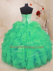 Ideal Turquoise Ball Gowns Organza Sweetheart Sleeveless Beading and Ruffles Floor Length Lace Up Quinceanera Dress