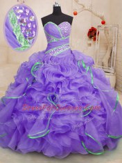 Cute Sweetheart Sleeveless Brush Train Lace Up 15th Birthday Dress Lavender Organza