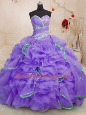 Cute Sweetheart Sleeveless Brush Train Lace Up 15th Birthday Dress Lavender Organza