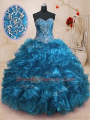 Stunning With Train Ball Gowns Sleeveless Blue 15 Quinceanera Dress Sweep Train Lace Up