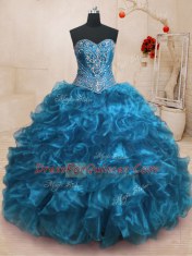 Stunning With Train Ball Gowns Sleeveless Blue 15 Quinceanera Dress Sweep Train Lace Up