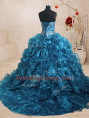 Stunning With Train Ball Gowns Sleeveless Blue 15 Quinceanera Dress Sweep Train Lace Up