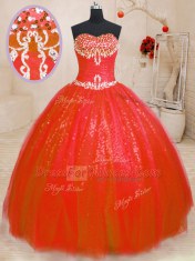 Red Ball Gowns Beading Sweet 16 Dresses Lace Up Tulle and Sequined Sleeveless Floor Length