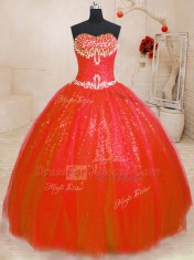 Red Ball Gowns Beading Sweet 16 Dresses Lace Up Tulle and Sequined Sleeveless Floor Length