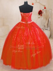 Red Ball Gowns Beading Sweet 16 Dresses Lace Up Tulle and Sequined Sleeveless Floor Length