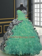 Fabulous Printed Beading and Ruffles and Pattern Sweet 16 Dresses Green Lace Up Sleeveless With Brush Train