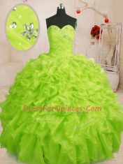 Clearance Yellow Green Ball Gowns Organza Sweetheart Sleeveless Beading and Ruffles Floor Length Lace Up Quince Ball Gowns