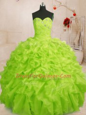 Clearance Yellow Green Ball Gowns Organza Sweetheart Sleeveless Beading and Ruffles Floor Length Lace Up Quince Ball Gowns