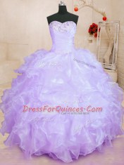 Modest Sweetheart Sleeveless Organza Quinceanera Dress Beading and Ruffles Lace Up