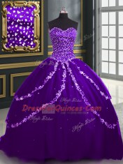 Purple Ball Gowns Beading and Appliques Sweet 16 Dress Lace Up Tulle Sleeveless With Train