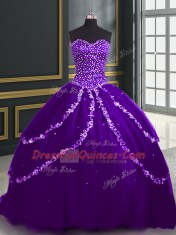 Purple Ball Gowns Beading and Appliques Sweet 16 Dress Lace Up Tulle Sleeveless With Train