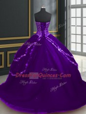 Purple Ball Gowns Beading and Appliques Sweet 16 Dress Lace Up Tulle Sleeveless With Train