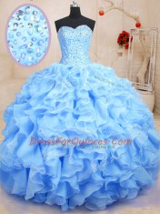 Discount Blue Organza Lace Up Quinceanera Gown Sleeveless Floor Length Beading and Ruffles