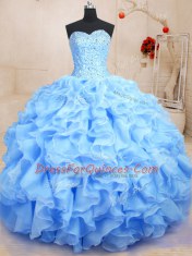Discount Blue Organza Lace Up Quinceanera Gown Sleeveless Floor Length Beading and Ruffles