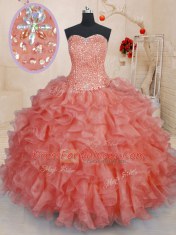 Modern Sleeveless Organza Floor Length Lace Up Sweet 16 Quinceanera Dress in Watermelon Red with Beading and Ruffles